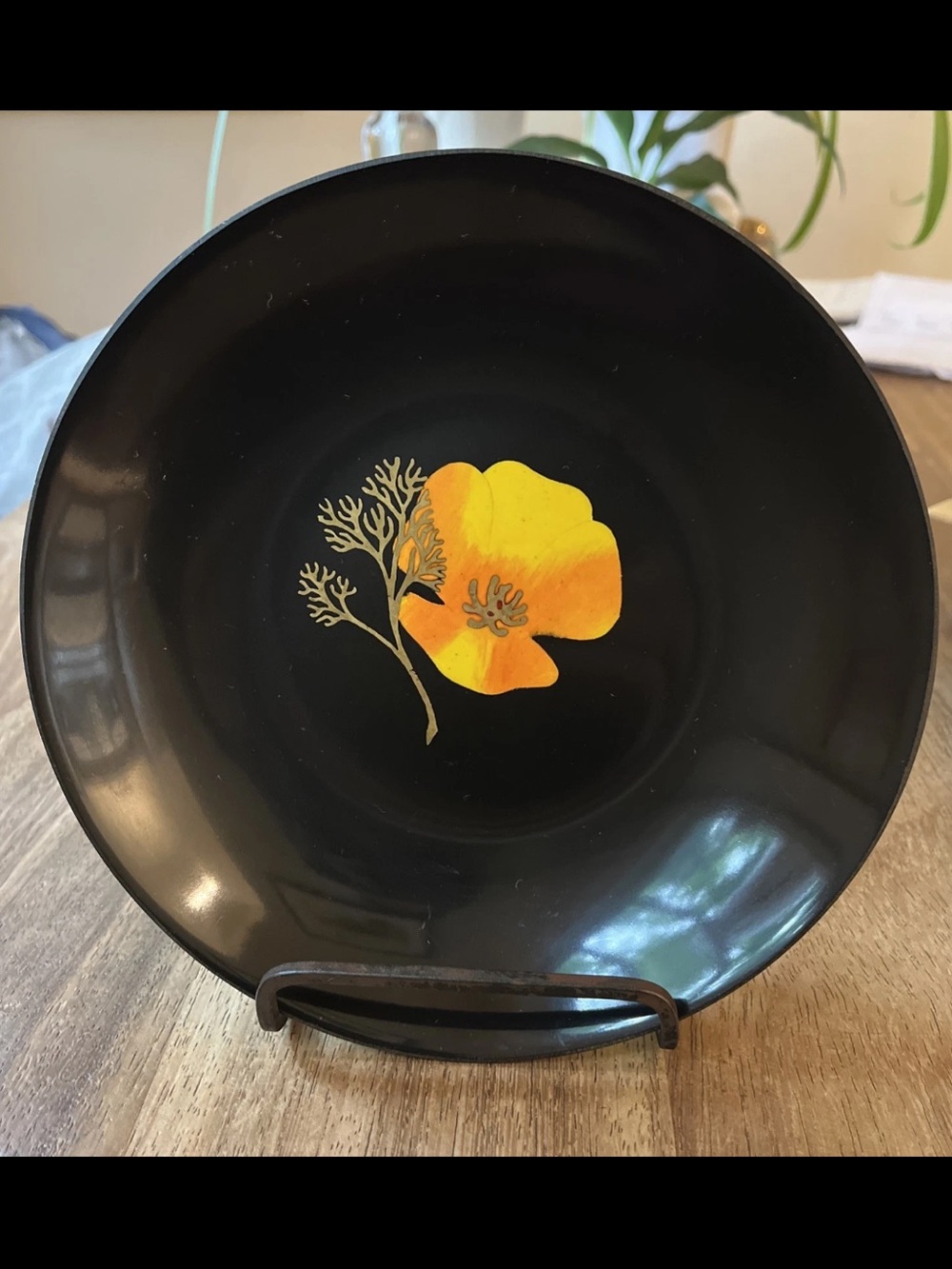 Black Serving Bowl with Yellow Floral Accent